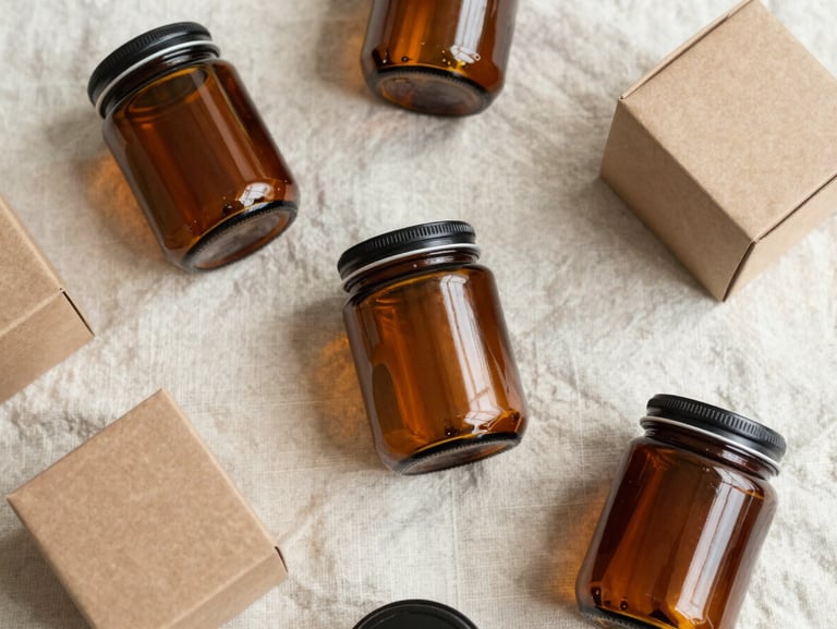 An overhead flat-lay of clean, well-packaged amber glass jars and simple paper boxes on a soft cream linen surface, natural daylight.