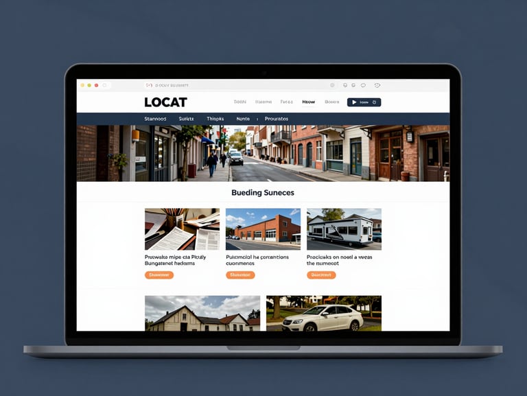Straight-on clean browser mockup of an outdated local business website with broken layouts, contrasted with subtle dark blue framing on a light background.