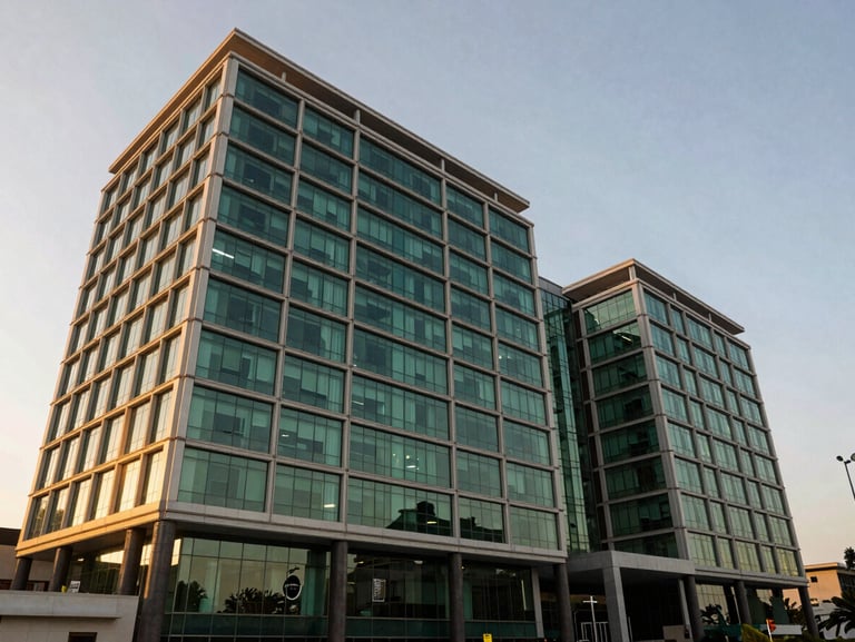 Wide-angle exterior architectural shot of a modern glass and steel office building in Mass Media, Lusaka, captured during the golden hour with warm sunlight reflecting off the facade.