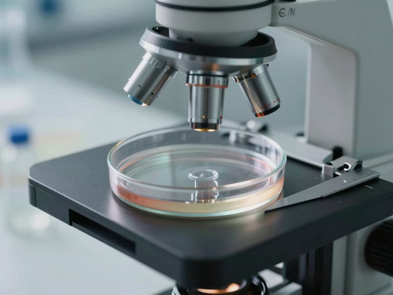 Macro shot of high-end scientific laboratory equipment, clean lines, soft natural daylight illuminating a glass petri dish and a microscope.