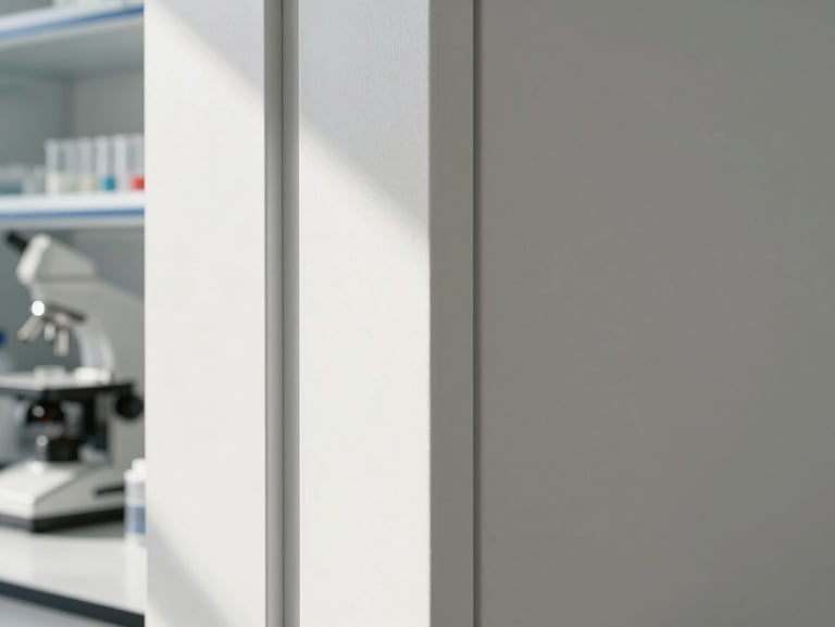 Minimalist close-up of biotechnology laboratory equipment, bright natural daylight, clean neutral tones, sharp focus, professional architectural framing.