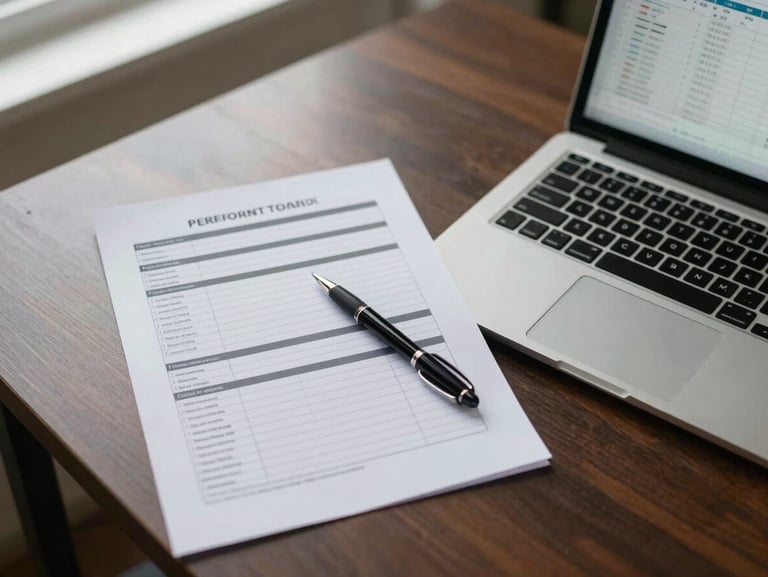 Top-down view of a neat desk with a printed performance report, a pen resting on the page, laptop open beside it showing a spreadsheet, soft natural light from a nearby window