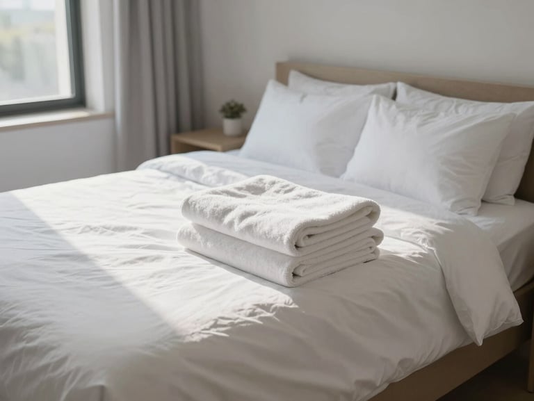 Well-made bed in a short-term rental bedroom, fresh white linens, morning window light, folded towels on the corner, minimalist bedside table, no people