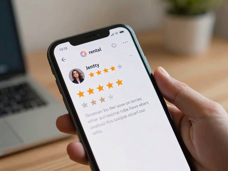 Close-up of a smartphone screen showing a 5-star review on a rental platform, hand holding the phone, soft background blur of a home office, warm desk light