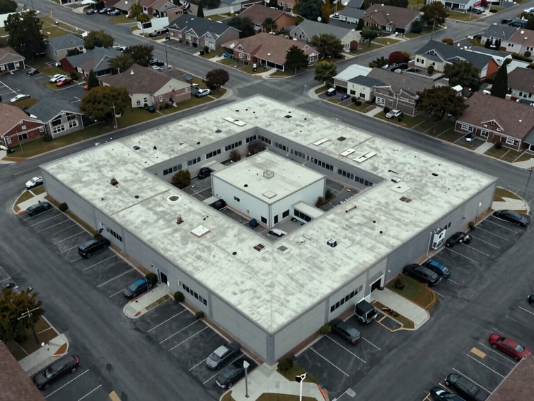 Overhead aerial framing of a suburban commercial block, flat-lit overcast daylight, rooftops and parking lot geometry visible, no people, site analysis framing