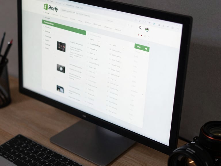 Close-up overhead view of a dual-monitor desk showing a Shopify admin dashboard and product inventory grid, cool studio lighting, keyboard in foreground