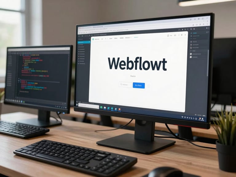 Wide shot of a developer's workstation with a Webflow CMS editor open on a large monitor, code terminal visible on secondary screen, cool daylight from left