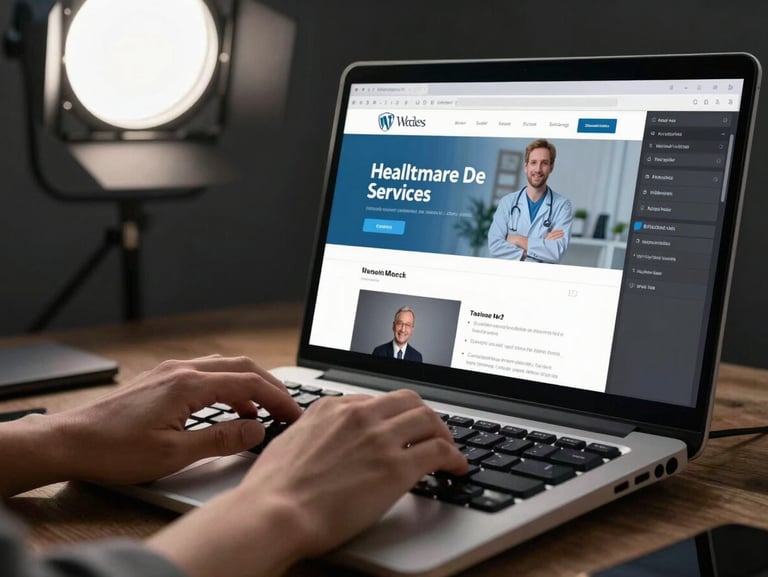 Hands typing on a mechanical keyboard with a WordPress block editor visible on screen showing a healthcare services site, cool overhead studio light