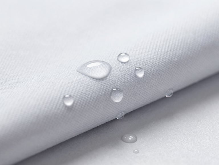 Macro shot of water droplets rolling off a treated technical fabric, bright cool-toned studio light, razor-sharp focus.