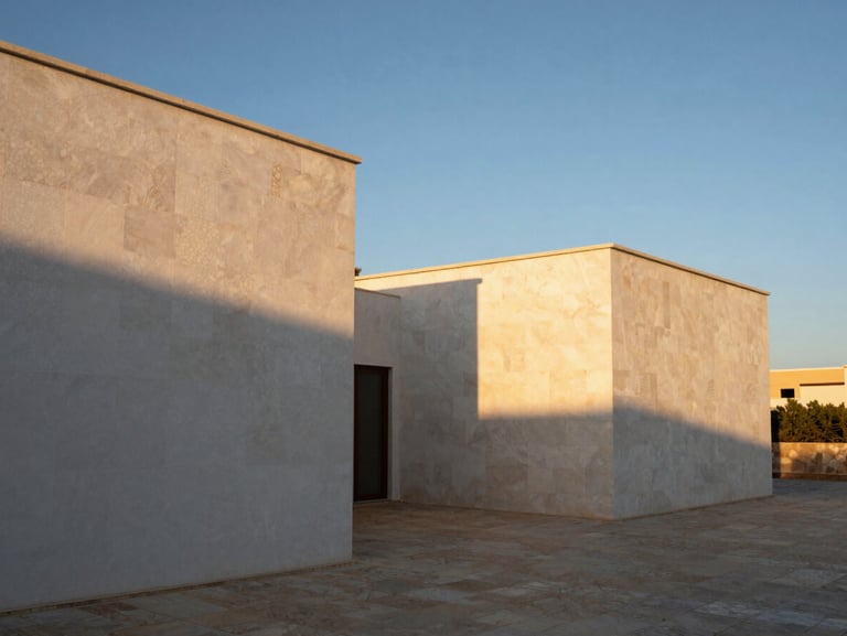 Vista simétrica de una villa minimalista en la Costa del Sol, hormigón visto y piedra caliza bajo luz de atardecer, sombras limpias.