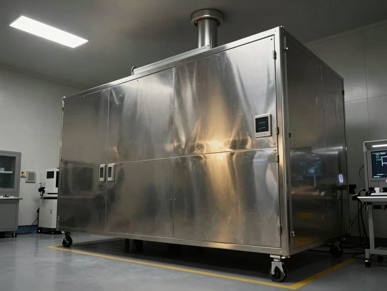 Clean-room medical manufacturing facility, high-contrast low-key lighting, desaturated steel and gold tones