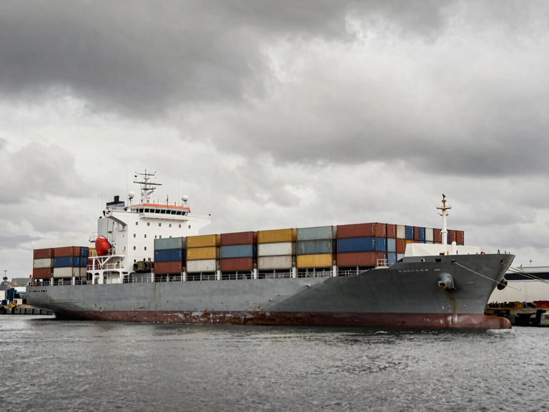 A massive container vessel docked at a deep-water port, dramatic overcast daylight, desaturated tones