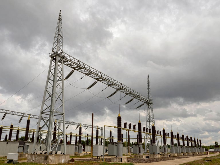 Modern electrical substation against a dramatic overcast sky, low-angle architectural perspective