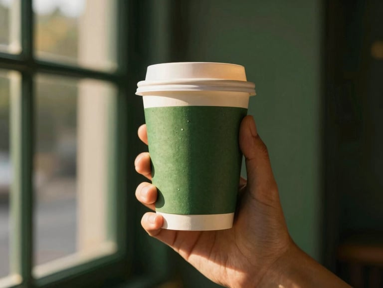 A hand holding a premium takeaway coffee cup with a minimalist green label, soft morning light, shallow depth of field, 35mm