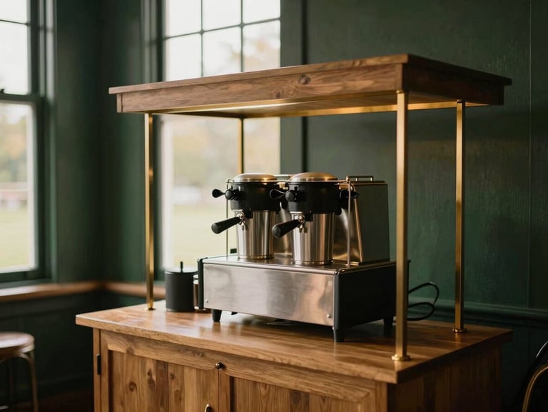 An elegant mobile coffee stand setup at a wedding reception, warm ambient lighting, clean wooden counter, 35mm