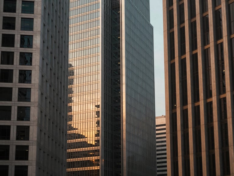 Symmetrical modern skyscrapers of Singapore reflecting warm afternoon light, clean architectural lines, shallow depth of field.