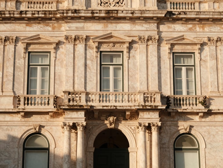 Symmetrical architectural detail of a classical European embassy facade in Lisbon, warm golden hour light, soft focus.