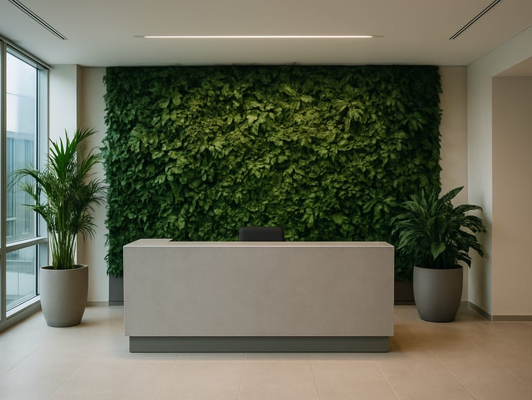 Wide environmental photograph of a corporate reception area in São Paulo — installed green wall and potted plants flanking a reception desk, clean architectural interior, natural diffused daylight from lateral windows, plants fully integrated with the built space