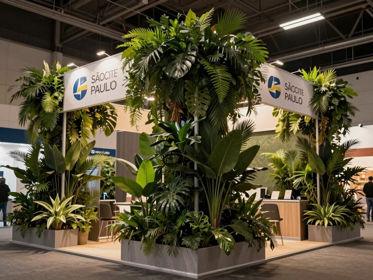 Overhead composition shot of a finished corporate event stand at a São Paulo trade fair — dense structured arrangement of green plants within a branded booth frame, event hall ceiling visible, architectural neutrals, documentary lighting
