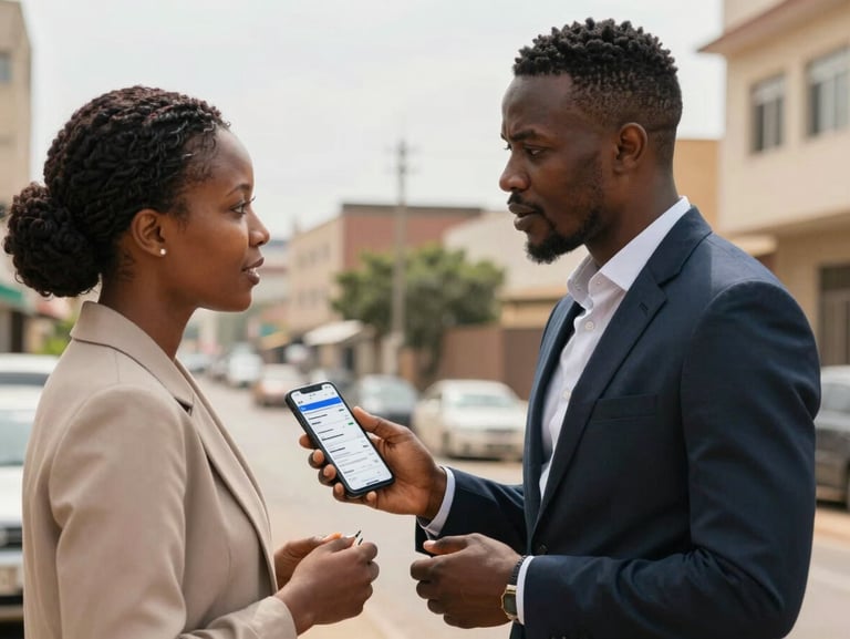 Medium shot of a real estate agent mid-conversation at a property site in an African city, holding a phone showing a CRM pipeline screen, natural daylight, unposed