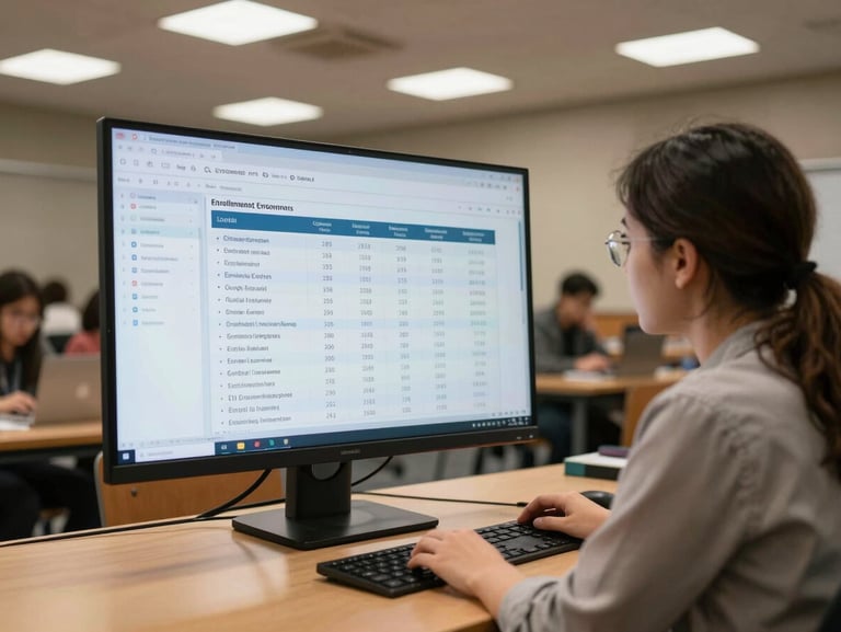 Wide shot of a university lecture hall administrator reviewing enrollment analytics on a large monitor, students visible in background, overhead institutional lighting, unposed