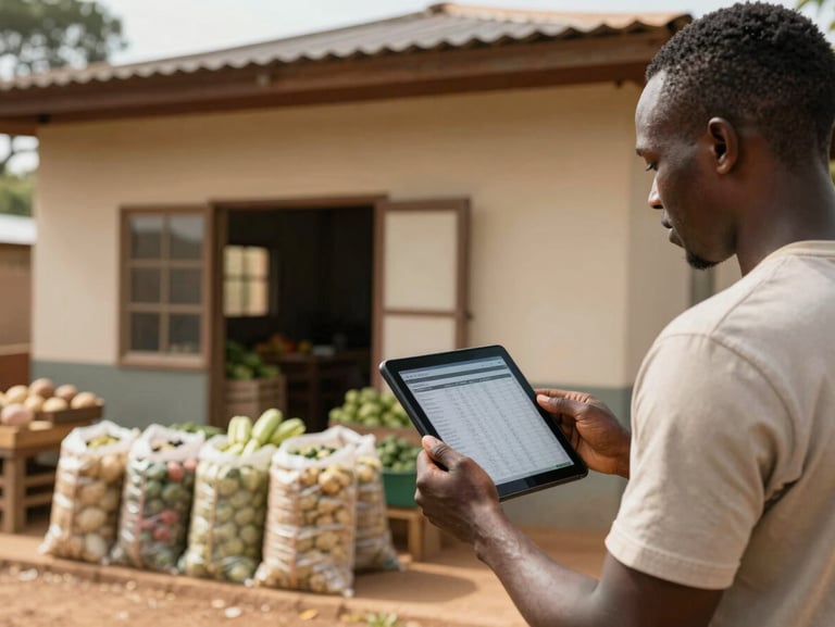 Wide panoramic shot of an African agricultural cooperative storefront, operator reviewing tablet showing inventory and order data, natural daylight, bags of produce visible, unposed