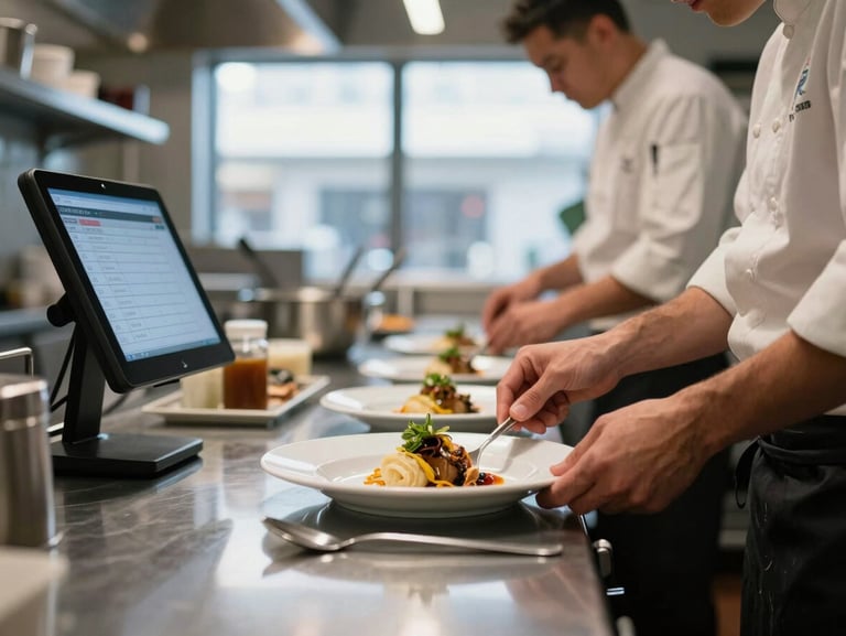 Close-up of a busy restaurant kitchen counter mid-service, chef's hands plating a dish, screen glow from a tablet order system visible on the left, high-contrast daylight from a back window