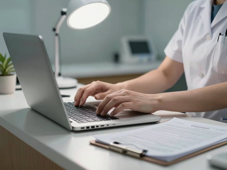 Close-up of a clinic reception desk, nurse entering patient data on a laptop, medical forms visible, high-contrast overhead clinical lighting, no faces visible