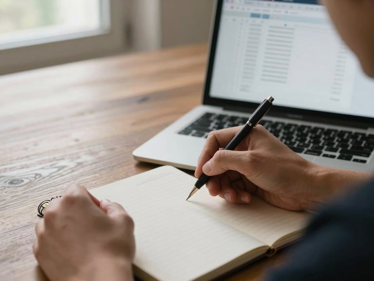 Close-up of a PME owner writing on a notepad beside an open laptop showing a CRM contact list, natural window light, hands visible, unposed workspace