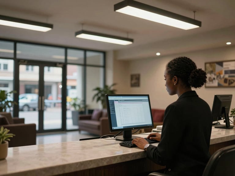 Wide shot of a hotel lobby front desk in operation, receptionist reviewing a booking dashboard on a monitor, African city visible through glass doors in background, overhead fluorescent and screen light