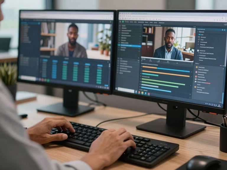 Close-up of a consultant's hands on a keyboard, dual screen showing a client pipeline dashboard, urban African office background, screen glow, unposed mid-work