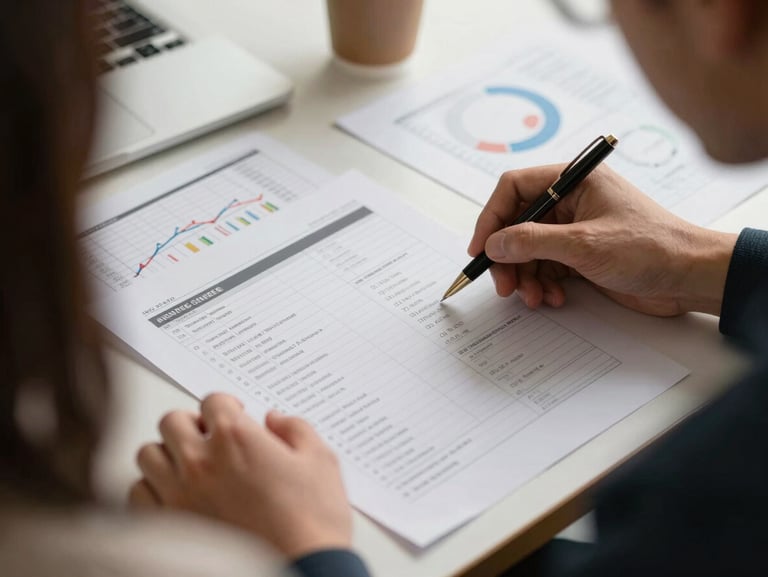 Over-shoulder view of two people reviewing printed financial reports on a desk, one hand holding a pen marking a figure, warm tungsten office lighting, documents and coffee cup visible in context