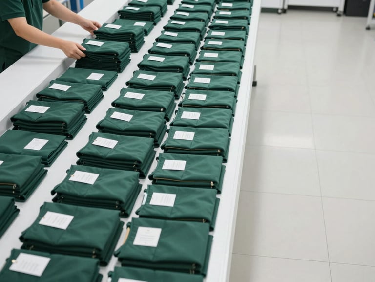 Overhead wide shot of a pristine pressing station: folded garments in deep green branded bags arranged in precise columns, order tags visible, staff hands in green polo sleeves placing final items, bright studio-quality lighting, clean white surface, generous empty space to the right of the frame