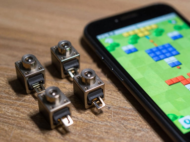 Macro shot of physical mechanical switches next to a phone displaying a satisfying physics-based puzzle game with vibrant blue accents.