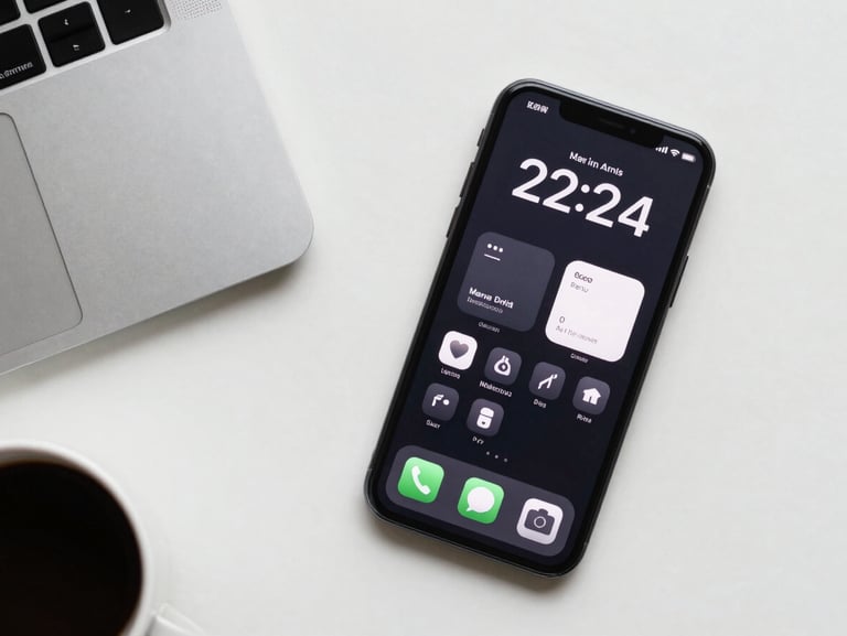 Overhead flat-lay of a clean workspace with a phone displaying a minimalist custom launcher UI, crisp typography, dark-mode styling.