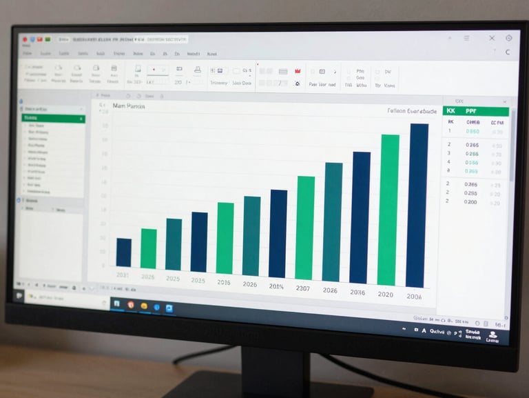 Close overhead shot of a multi-tab Excel dashboard on a wide monitor, showing P&L variance analysis with emerald and navy bar charts, KPI summary cells, and formula bar visible, bright studio lighting, sharp focus on the data grid