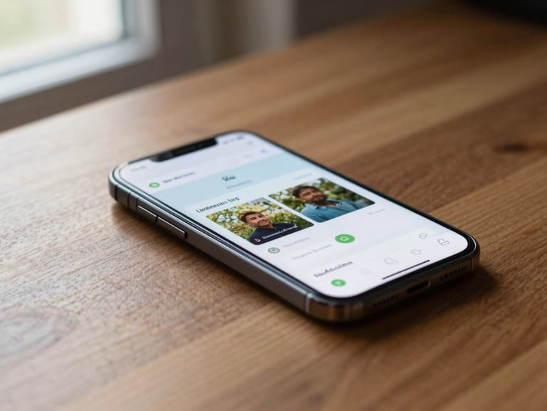 Close-up of an Android smartphone on a wooden desk, screen lit showing an app store install page, soft morning window light from the left