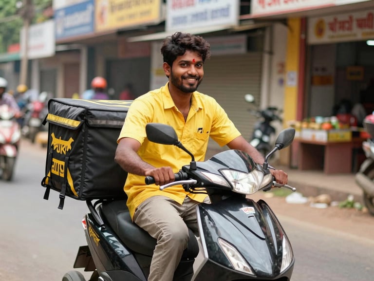 Eye-level medium shot of a genuine, smiling local delivery partner on a scooter in a Madanapalle streetscape, warm natural daylight.