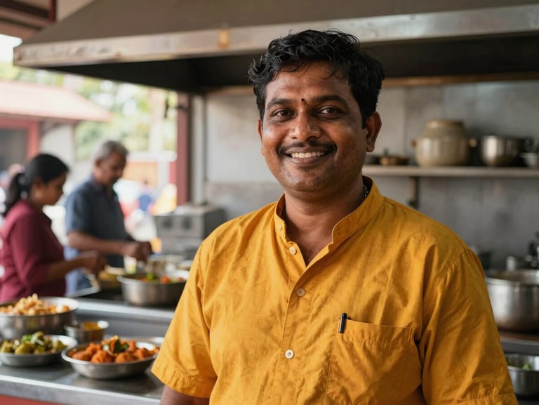 Close-up, eye-level medium shot of a local restaurant owner in Madanapalle smiling, standing proudly in front of their busy kitchen, warm natural daylight.