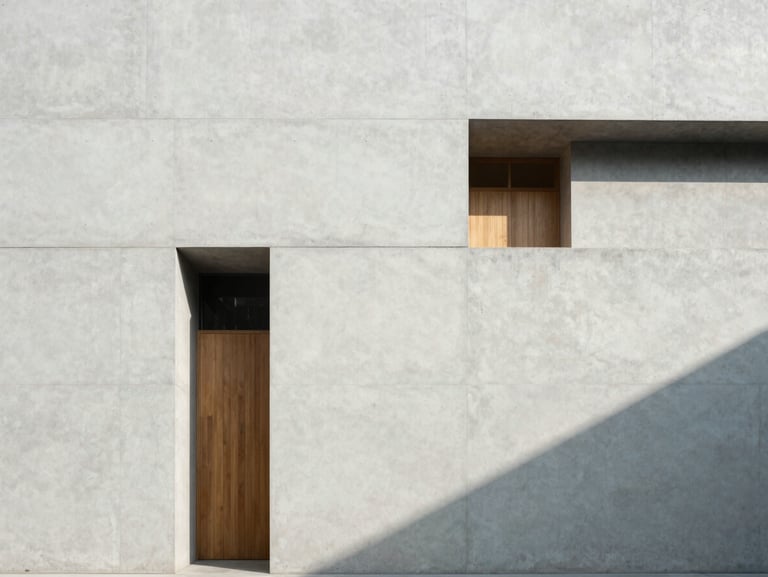 Minimalist architectural shot of a modern concrete building facade with clean geometric lines, soft natural daylight casting sharp shadows, 35mm lens