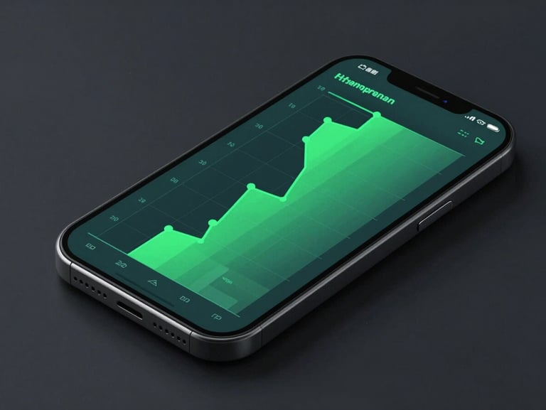Clean isometric mockup of a system performance dashboard on a mobile screen, electric green data graphs, precise vector lines, dark obsidian background.