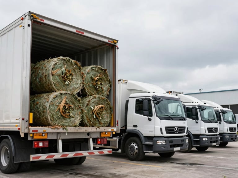 Industrial dairy plant loading dock, a fleet of transport trucks loaded with wrapped silage bales, cool bright overcast daylight, professional logistics setting.