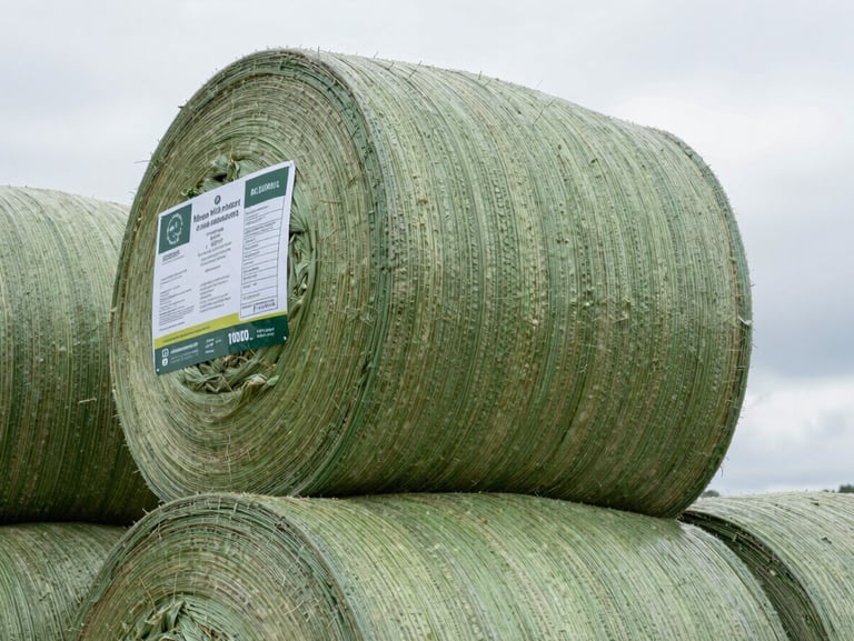 Close-up of a tightly bound green silage bale showing the clean, industrial wrapping and technical product label under bright overcast daylight