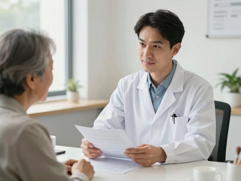 Bright, clean clinical reception area, a professional in a white coat warmly explaining a document to an elderly patient, natural daylight, medium close-up.