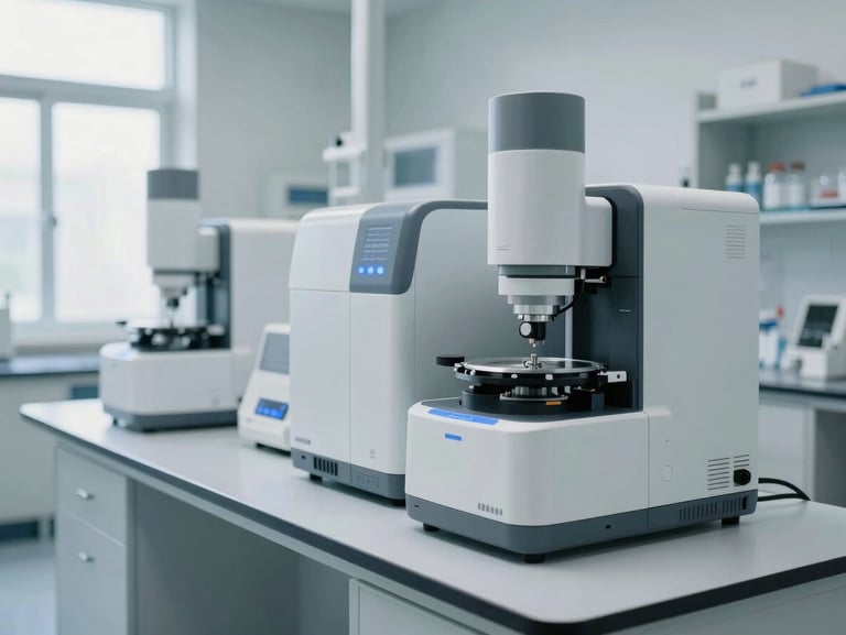 Wide shot of a pristine clinical laboratory, modern automated hematology analyzers with soft blue indicator lights, clean white countertops, bright daylight.