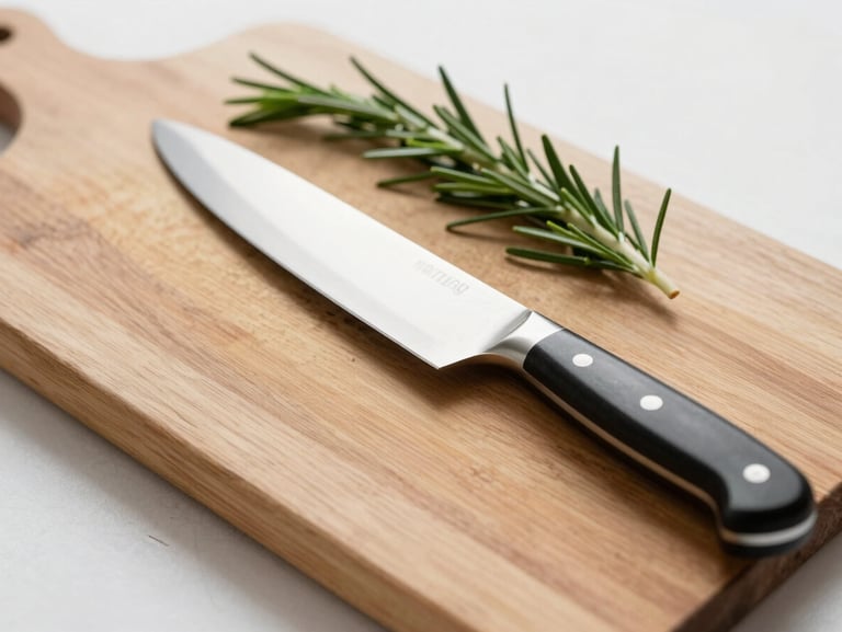 A high-quality steel chef knife resting on a heavy rustic wooden cutting board next to fresh rosemary sprigs, bright daylight, shallow depth of field.