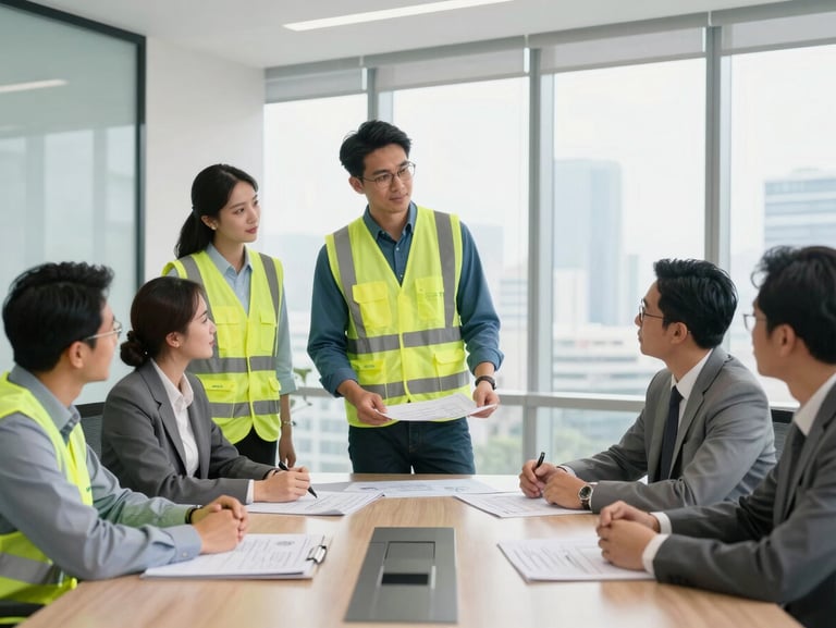 Modern corporate boardroom meeting in Jakarta, professional engineering team in high-visibility vests presenting technical blueprints, bright daylight, professional photography.