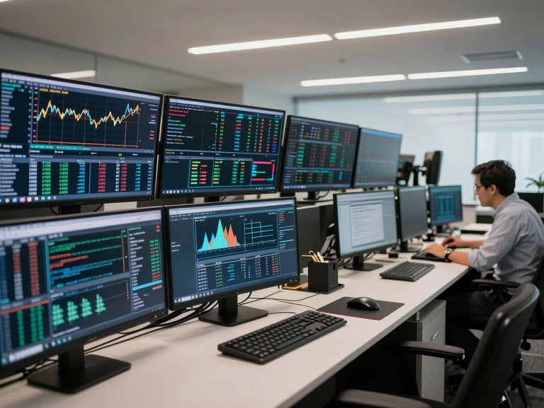 Wide environmental shot of a modern corporate treasury office in São Paulo, sharp cool lighting, high-density financial dashboards visible on multiple desktop monitors, focused analyst in the background.