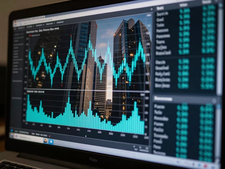 Crisp macro shot of a financial forecasting terminal, high-density cyan charts, dark background screen, cool architectural reflection of São Paulo business district.