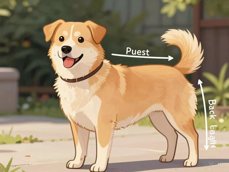 A friendly, clear visual diagram showing how to measure a dog: neck circumference, chest width behind front legs, and back length from collar to tail base, clean friendly illustration style with warm tones